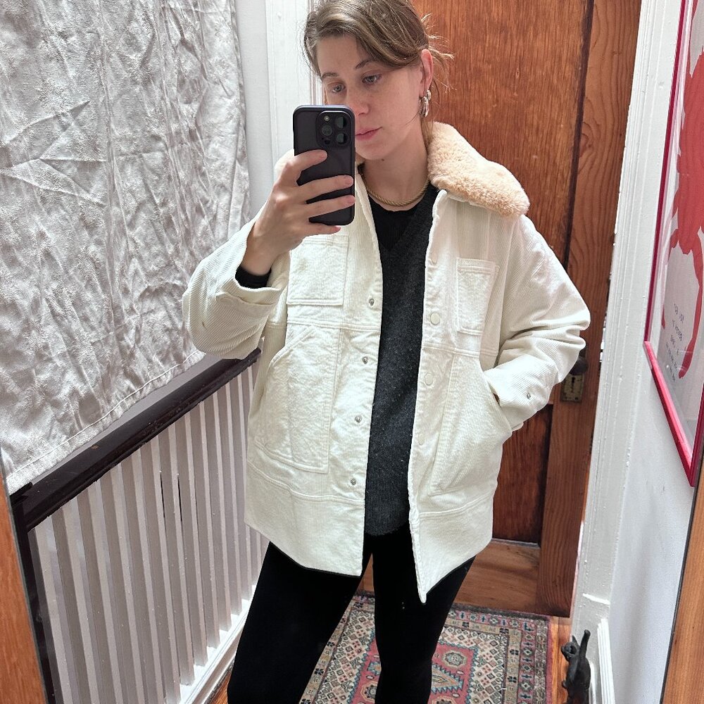 Ganni Ridgewood Faux Fur-trimmed Cotton-blend Corduroy Jacket in off-white. - Picture 2 of 12